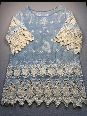 Boho boutique Blue crochet Lace-Accent Women’s Top